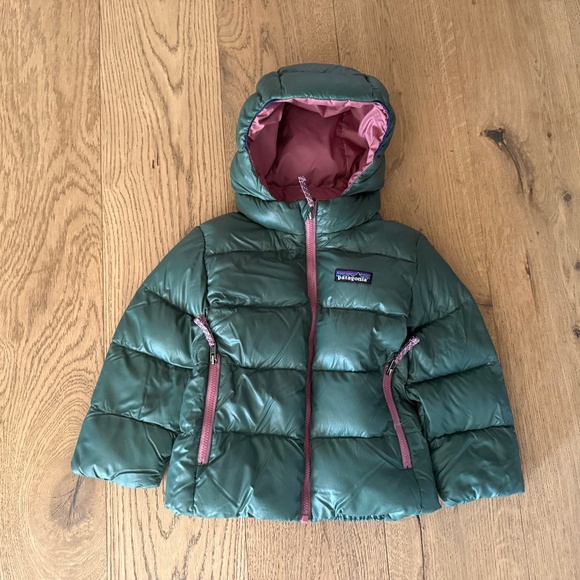 Patagonia Baby Hi-Loft Down Sweater Hoody, Green with Pink, Size 2T - Picture 1 of 5